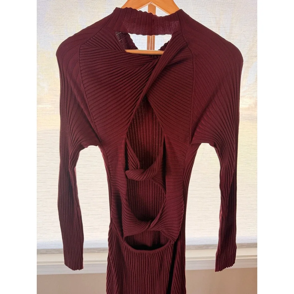 Lush "After Hours" Ribbed Knit Maxi Dress M Burgundy Long Sleeve Cutout Mock - Picture 2 of 8
